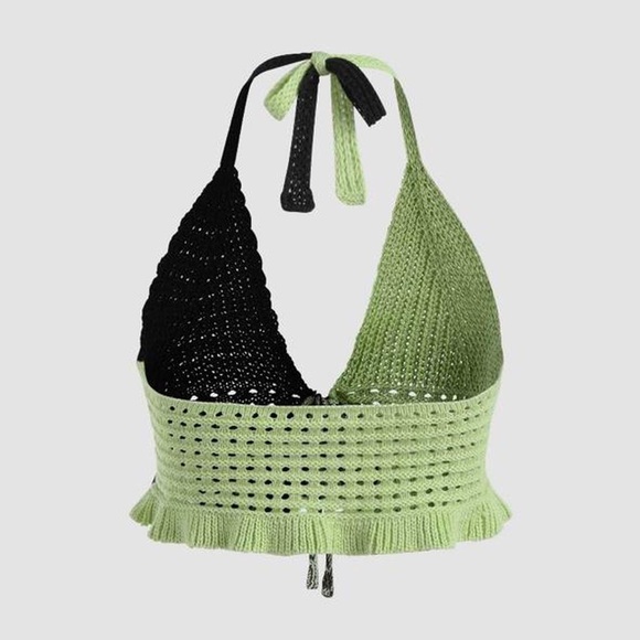 Black and green halter, knitted crop top - Picture 2 of 4